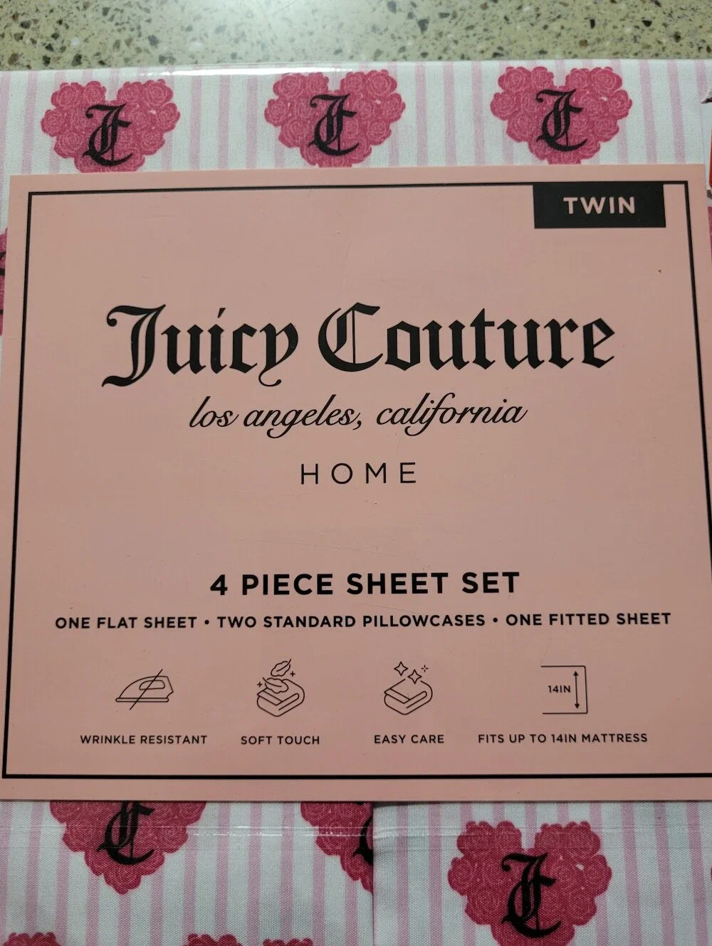Juicy Couture 4-Pc Twin Size Bedsheet Set Roses Hearts JC Monogram Striped Y2K